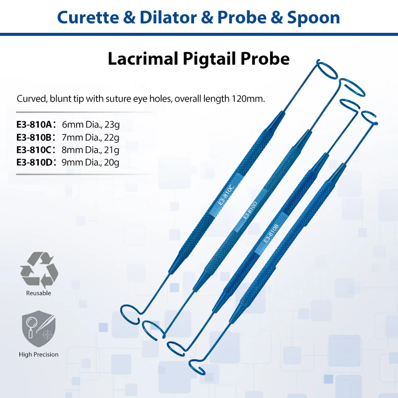 Lacrimal Pigtail Probe Double Ended Stainless Steel Ophthalmic Eye Surgical Instrument Lacrimal Duct Microsurgery Tool