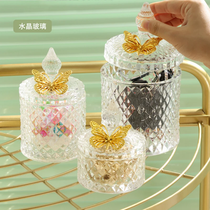 Diamond Glass Candy Jar Household Candle Jar Butterfly Lid Storage Jar Decorative Box Desktop Ornaments Modern Home Decoration