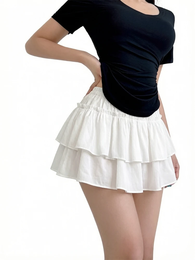 Women Sweet Kawaii Pleated A-Line Skirt White Ruffle Tiered Pretty Casual Elastic Waist Summer Slim Korean Harajuku Style