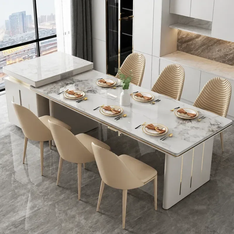 Modern Cream Style Island Dining Table with Retractable Sintered Stone Top Multifunctional Mobile Tea Table for Home Living