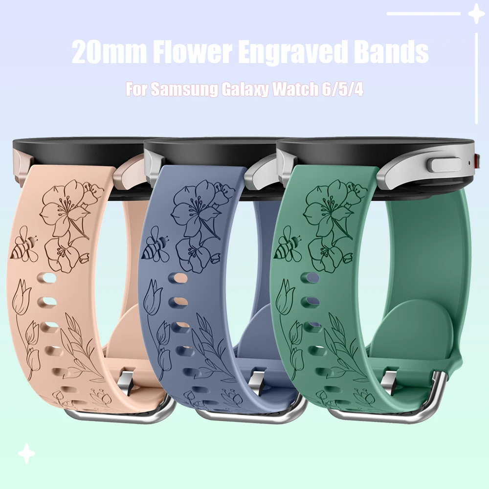 20mm Soft Silicone Flower Engraved Bands for Samsung Galaxy Watch 6/5/4 Band 40mm 44mm/Galaxy Watch 5 Pro 45mm/Galaxy Active 2