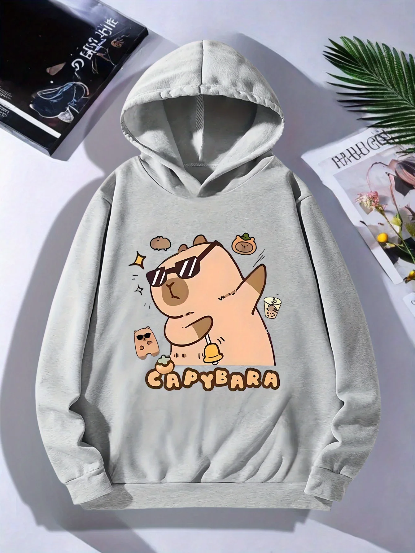 Kids Fashion Cartoon Hoodie Trendy Capybara With Decor Elements Pullover Autumn Winter Fleece Warm Streetwear Hooded Sweatshirt