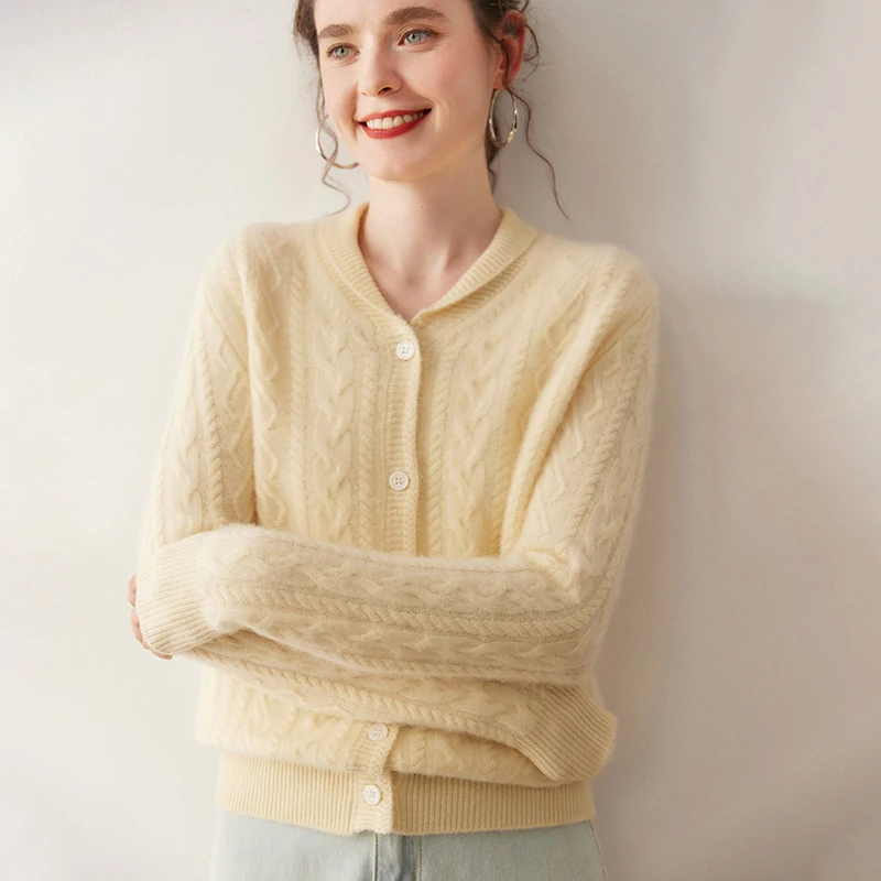 

Женский 100% кашемировый кардиган, свитер с круглым вырезом, полый трикотаж с пуговицами для офиса, весна-осень-зима, офисный женский стиль