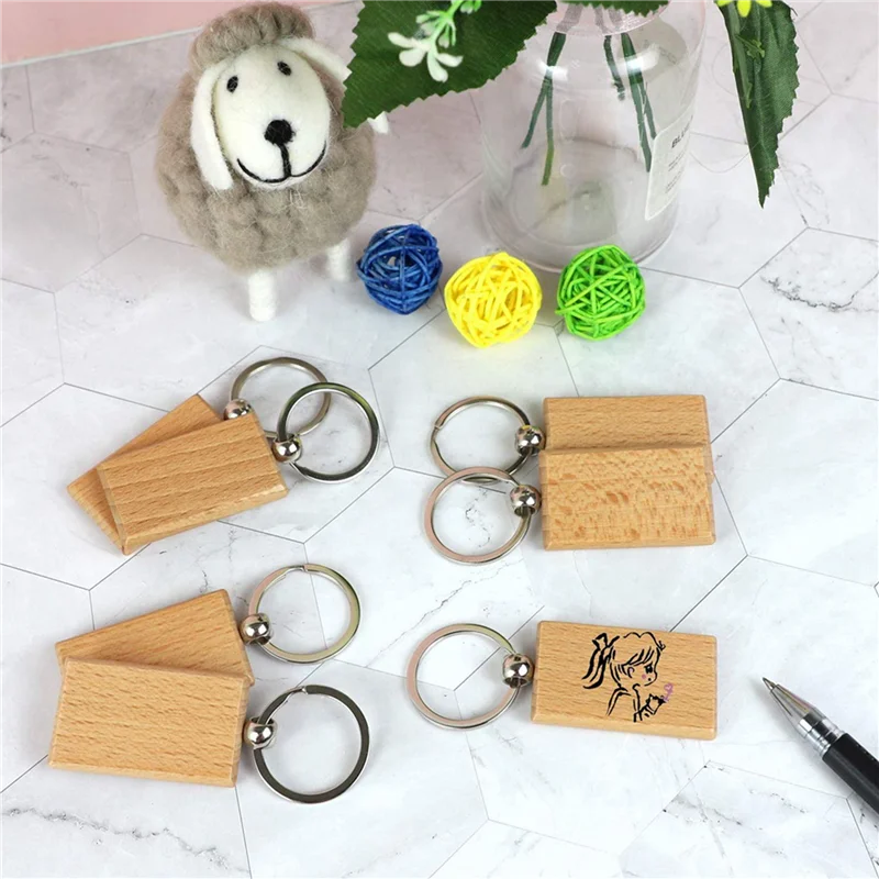

300 шт DIY пустой деревянный брелок прямоугольное сердце круглый эллипс резьба брелок деревянный брелок для ключей кольцо