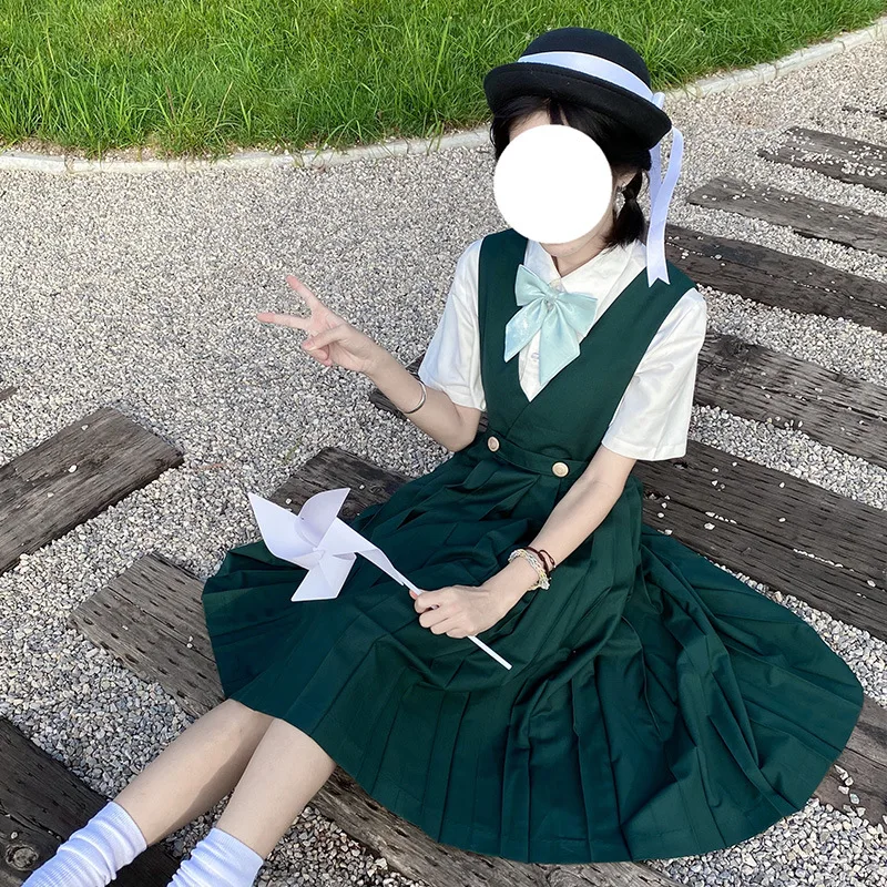 Japanese Girl's Graduation Dark Green Long Pleated Dress Pinafore Korean High School JK Uniform Cosplay Class Seifuku Sundress