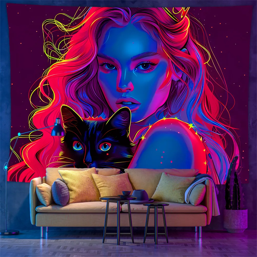 VIKAMA Cyber Red-Haired Beauty, Psychedelic Tapestry, Dark Bedroom, Living Room Background Fabric, Artistic Home Decoration