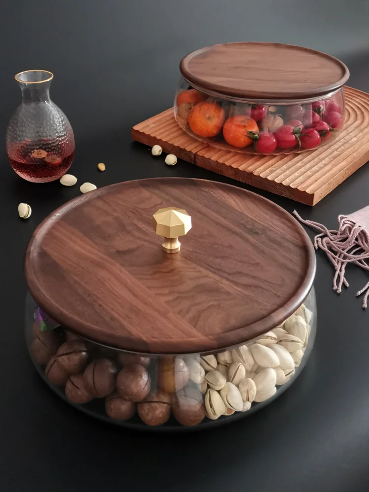 

North End Black Walnut Wooden Nut Box with Lid Sealed Glass Fruit Basket Home Use Brass Handle Simple Style Fruit Tray