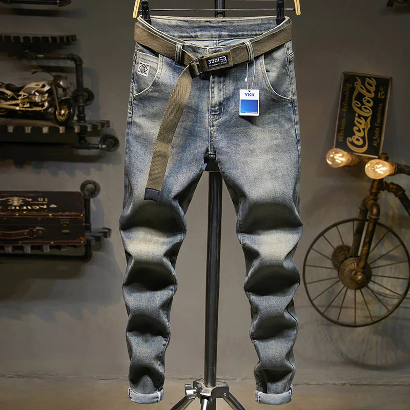 

Summer Newly Designer Fashion Men Jeans Retro light blue Elastic Slim Fit Ripped Jeans Men Stretch Trousers Vintage Denim Pants