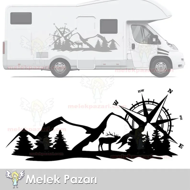 Deer Compass Mountain Camping Caravan Outdoor Decal Off-Road Car Decal Long Pull Flower Decorative Door Self Adhesive Vinyl Wrap