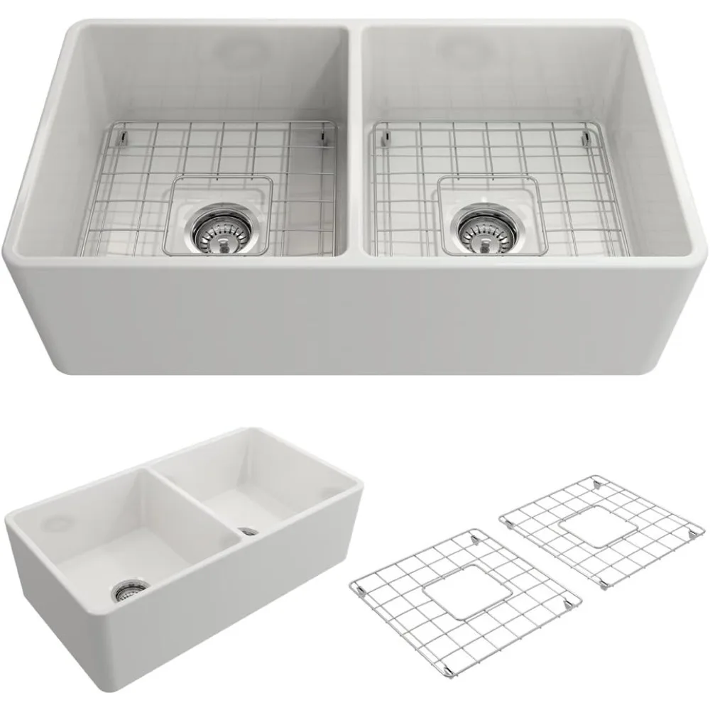 Classico Farmhouse Apron Front Fireclay 33 in. Double Bowl Kitchen Sink with Protective Bottom Grid and Strainer in White