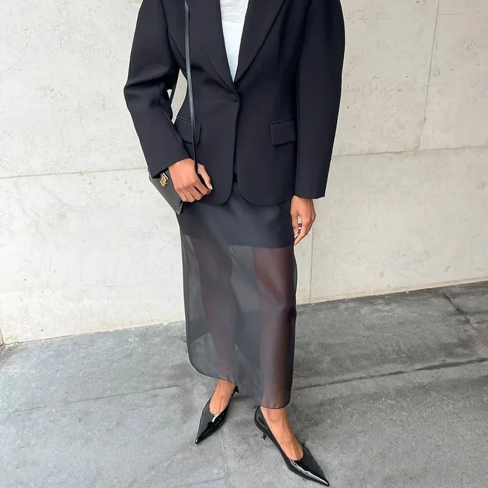 Black Mesh Skirt Women's Sexy Perspective High Waist Slit Cover Skirt Summer Fashion Casual Office Lady Skirt 2025