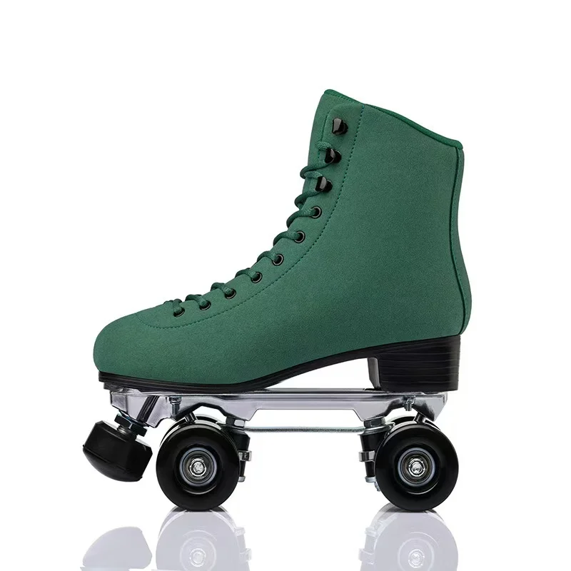 Adult Green Double-row Roller Skates Shoes Adjustable Brake Metal Bracket For Beginners Aluminum Alloy Base 4 Wheels Size 35-44