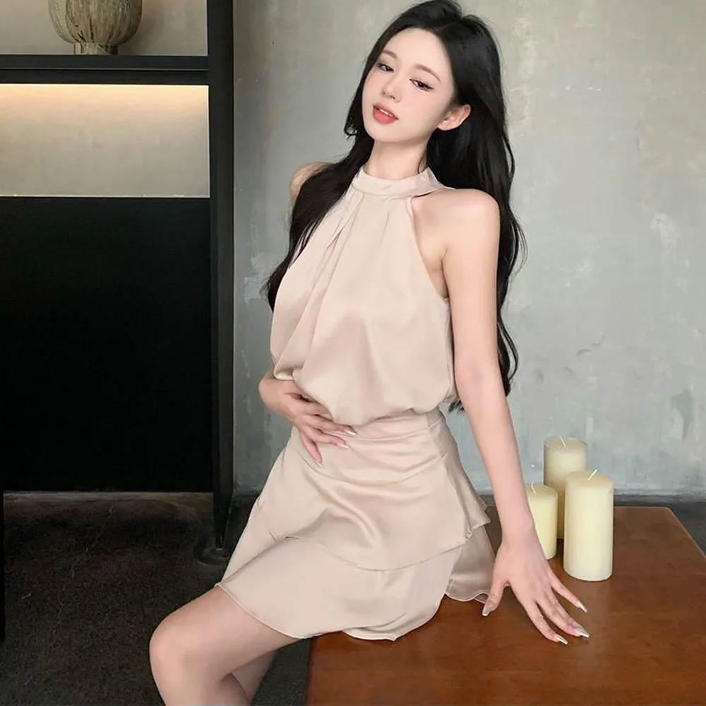 2024 Summer Satin 2 Piece Skirt Set Women Korean Sleeveless Y2k Crop Tops Shirt + Ruffles Mini Skirt Female Elegant Women\'s Sets