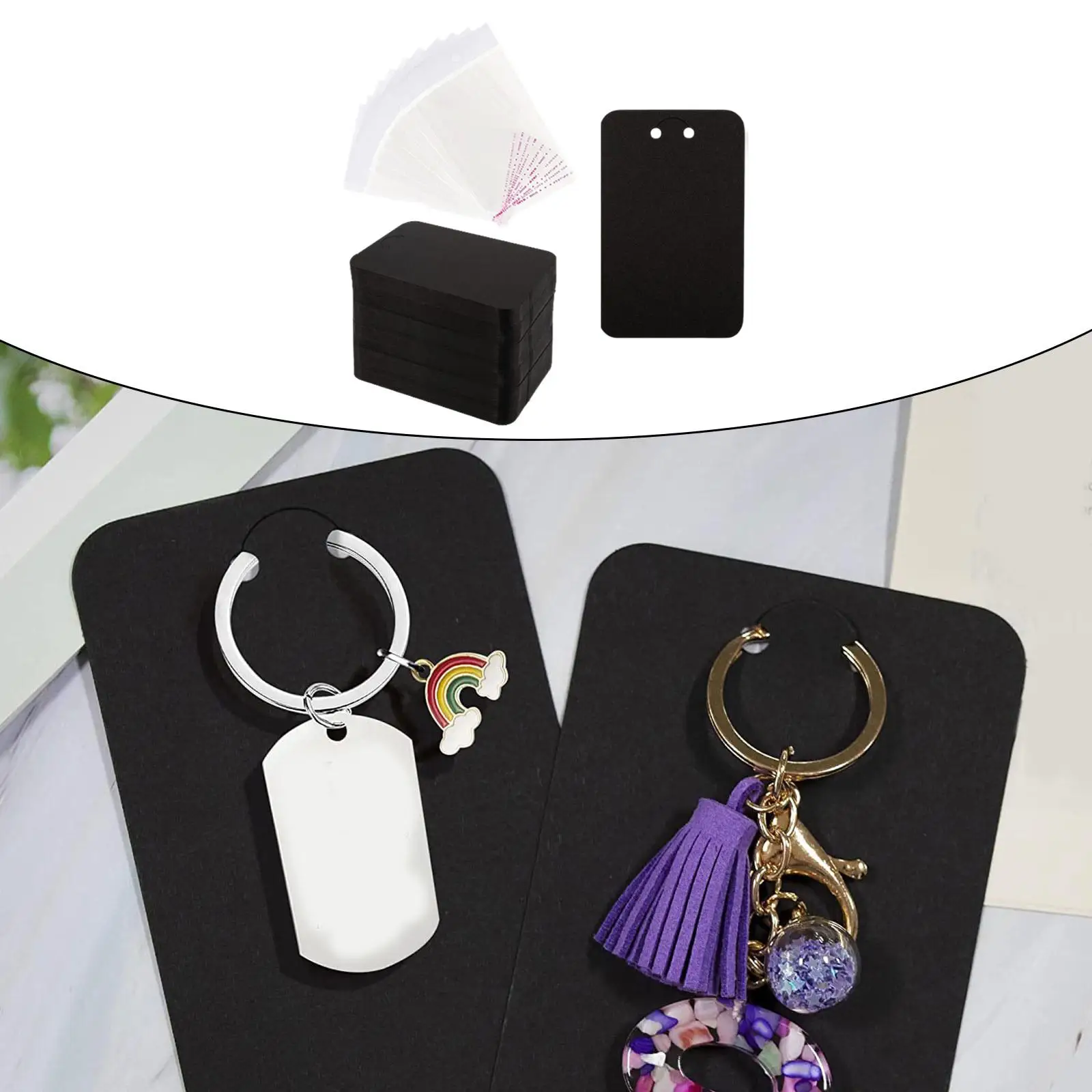 100Pcs Keychain Display Cards with Self Sealing Bags 3’’X4.7’’ Price Tags Black