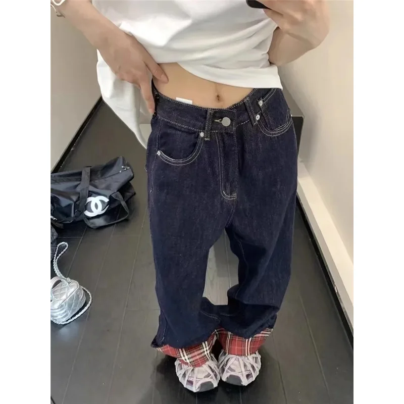 Grid Design Jeans Women Y2K Hip Hop Vintage High Waisted Jeans Straight Streetwear Casual Loose Large Size Wide Leg Denim Pants