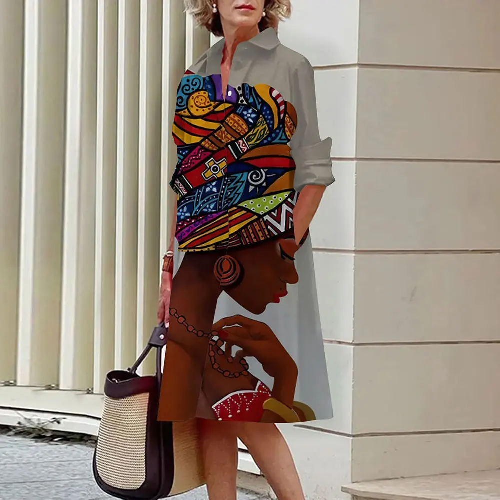 Fashion Women's Shirt Dresses Artistic Abstract Face 3d Printed Knee-Length Midi Skirts Loose Casual Long Sleeve Shirt Dresses