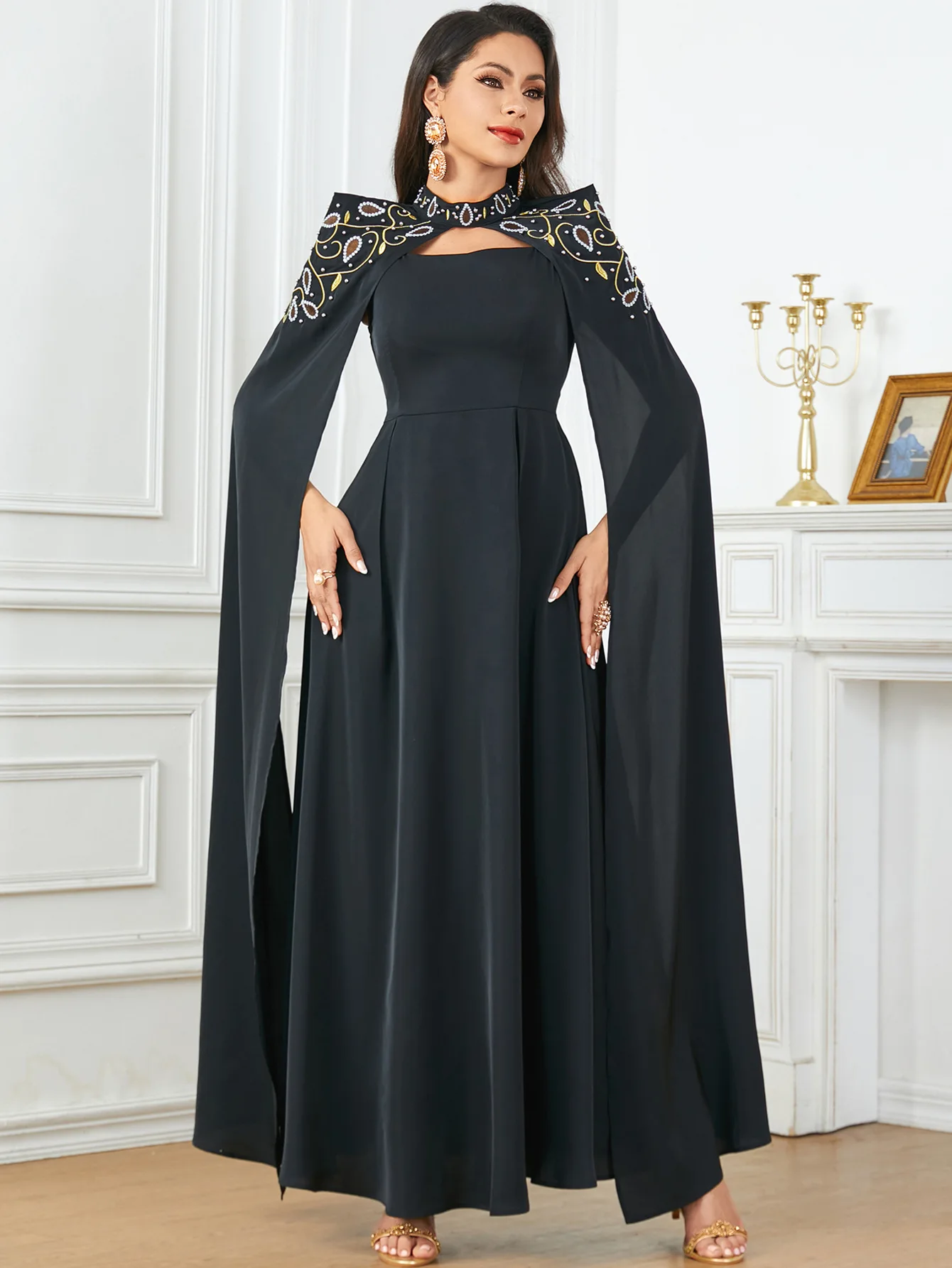 2PCS Eid Djellaba Beads Cape Cloak Evening Maxi Dress Set Dubai Abaya Turkey Kaftan Women Muslim Wedding Party Gown Morocco Robe