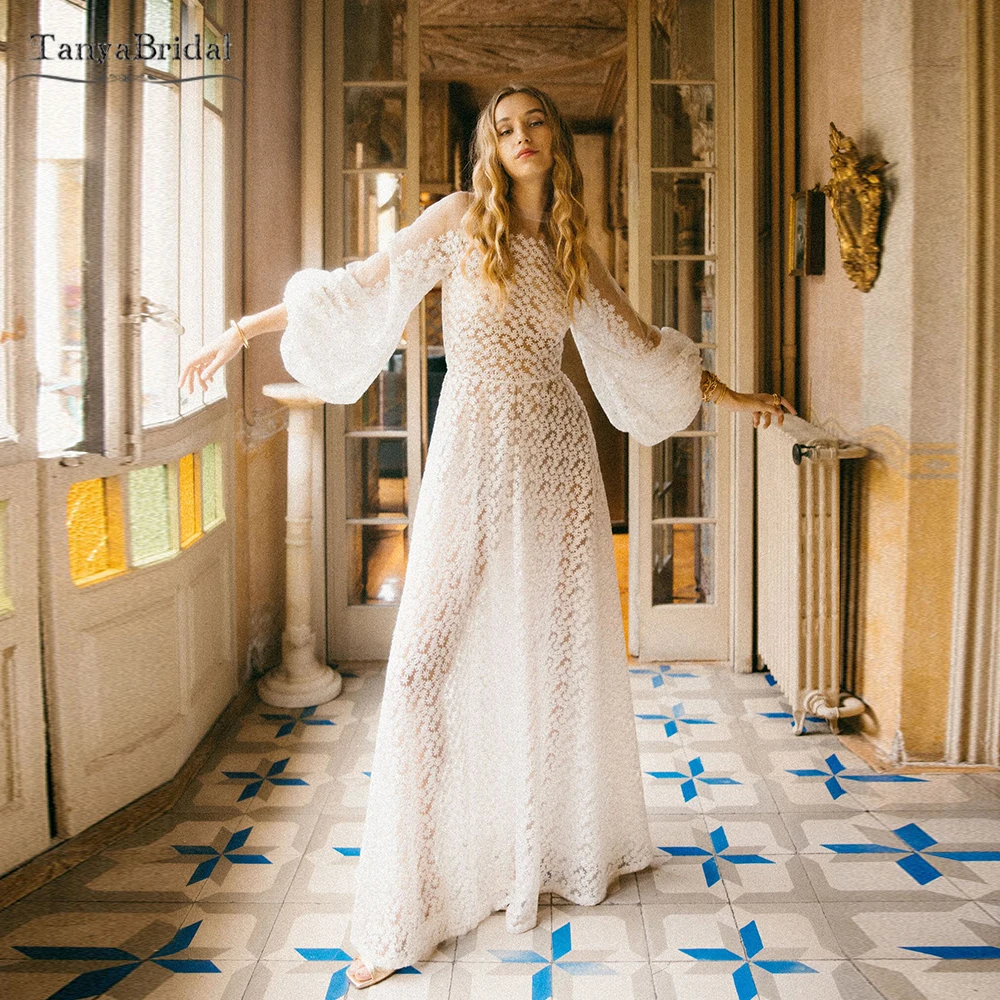 

Long Flare Sleeves A Line Wedding Dresses Side Split Elegant Bridal gowns ,boho Noivas DW1089