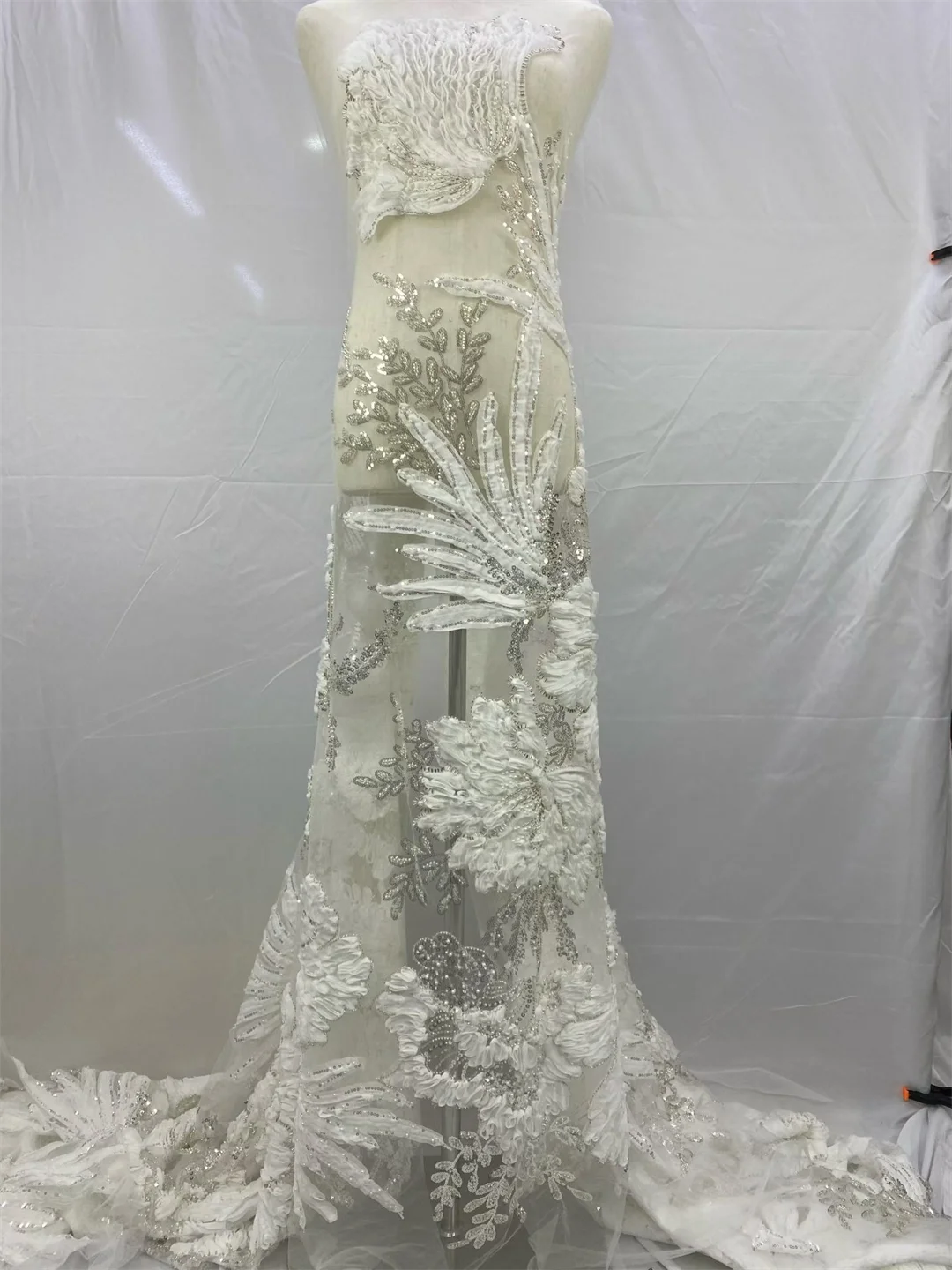 

Luxury White Handmade bead Lace Fabric Decoration Sewing Clothing Wedding rufflet Embroidery Embroidery Soft Lace Wedding Dress