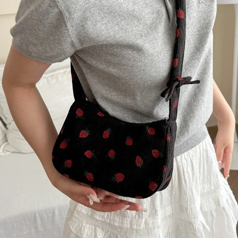 

Women Small Underarm Bag Corduroy Handbag Cute Strawberry Print Little Tote Half Moon Design Eco Cloth Purse Mini Shoulder Bags