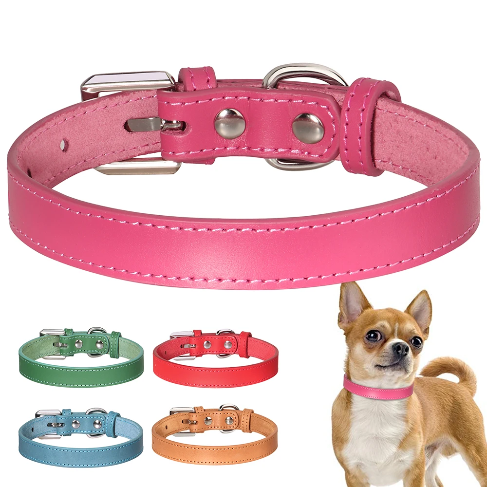 Real Leather Dog Collar Soft Leather Puppy Cat Collars Adjustable Small Dogs Necklace Collar Durable for Chihuahua Pug Pink