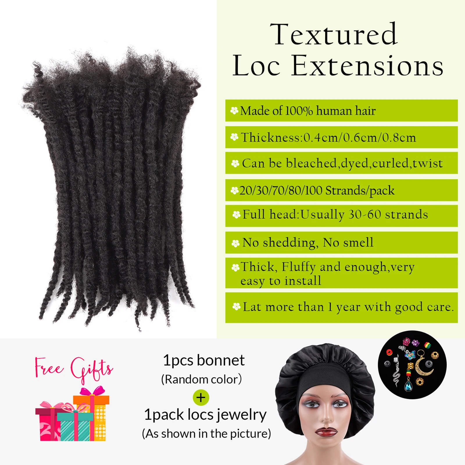 Orientfashion-Extension de cheveux humains texturés au crochet, Dread Lock, 0.4cm, 0.6cm, 0.8cm, 80 pièces