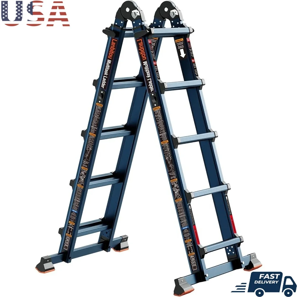 

5 Step Folding Ladder Multi Position 17ft A Frame Extension Anti Slip Lightweight Aluminum 330lbs Load Capacity Safety Ladder