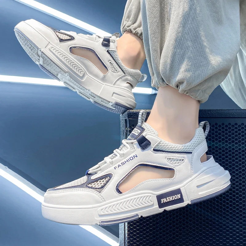 Мужские летние новые сетчатые спортивные сандалии с круглым носком, толстая подошва, нескользящая дышащая повседневная спортивная обувь на шнуровке, пляжная обувь