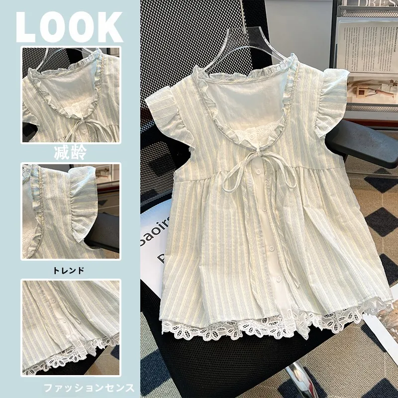 

Корейский Sle Fre, синий полосатый дизайнерский жилет, женский летний жилет из двух частей, топ без рукавов с цветочной кружевной отделкой, пышные рукава