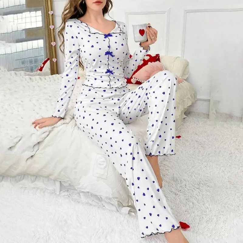 77HE per pigiama da donna a coste, camicia a maniche lunghe e fondo morbido