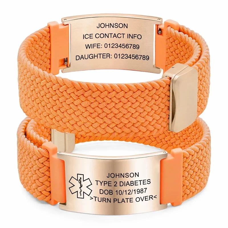 Personalisiertes Medizinisches Warnarmband Elastisches Nylon Individuell Graviertes Etikett Medizinisches ID-Armband Verstellbares Andenken-Geschenk für die Gesundheit – Detail 19