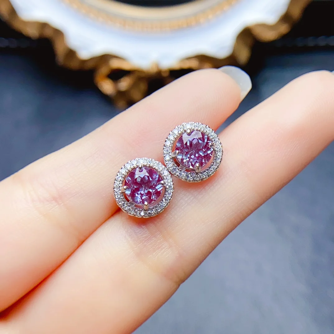 FS S925 Sterling Silver 6mm Alexandrite Simple Earrings Fine Charm Fashion Wedding Jewelry for Women MeiBaPJ Certificate