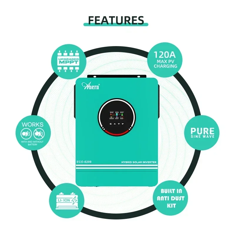 Anern 6,2 kW 4,2 kW 3 kW 1,6 kW Hybrid-Wechselrichter netzunabhängiger Dual-AC-Ausgang MPPT 120 A auf Netz-Solarwechselrichter 48 V 24 V 12 V 230 V