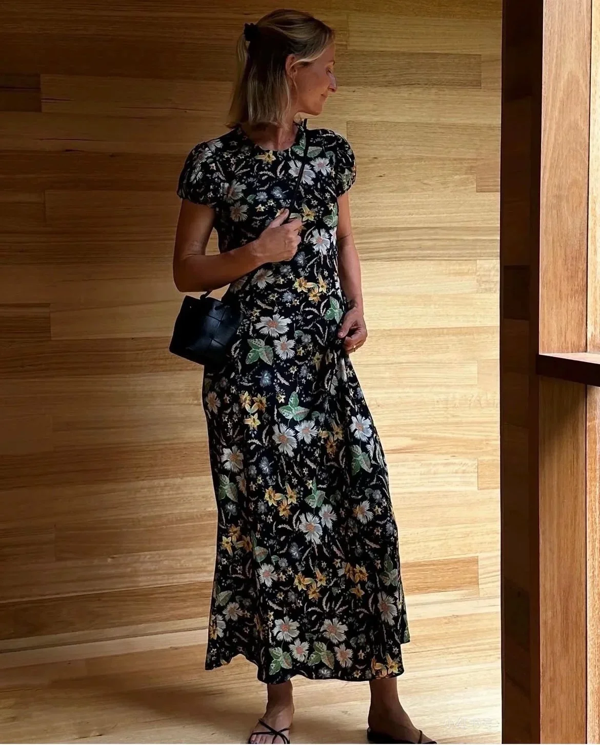 

Women Retro Flower Print Long Dress Round Neck Short Puff Sleeve Vintage Slim Robe