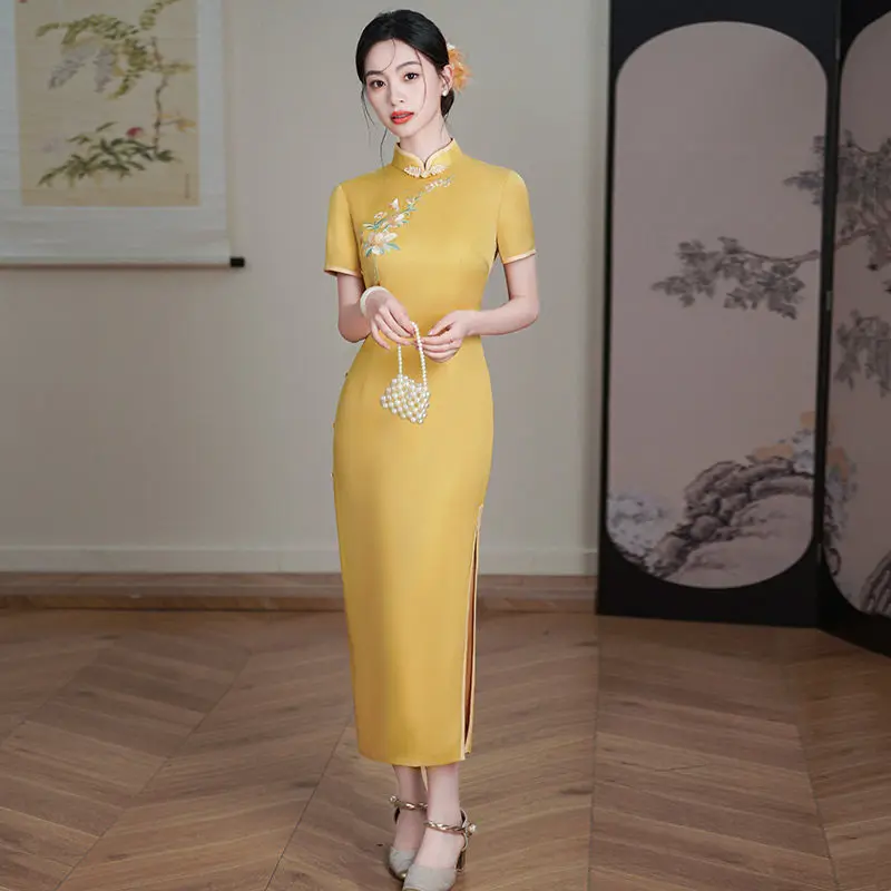 Embroidered Yellow New Chinese Long Style Improved Cheongsam 2026 New Young Style Women's Summer Qipao Dress
