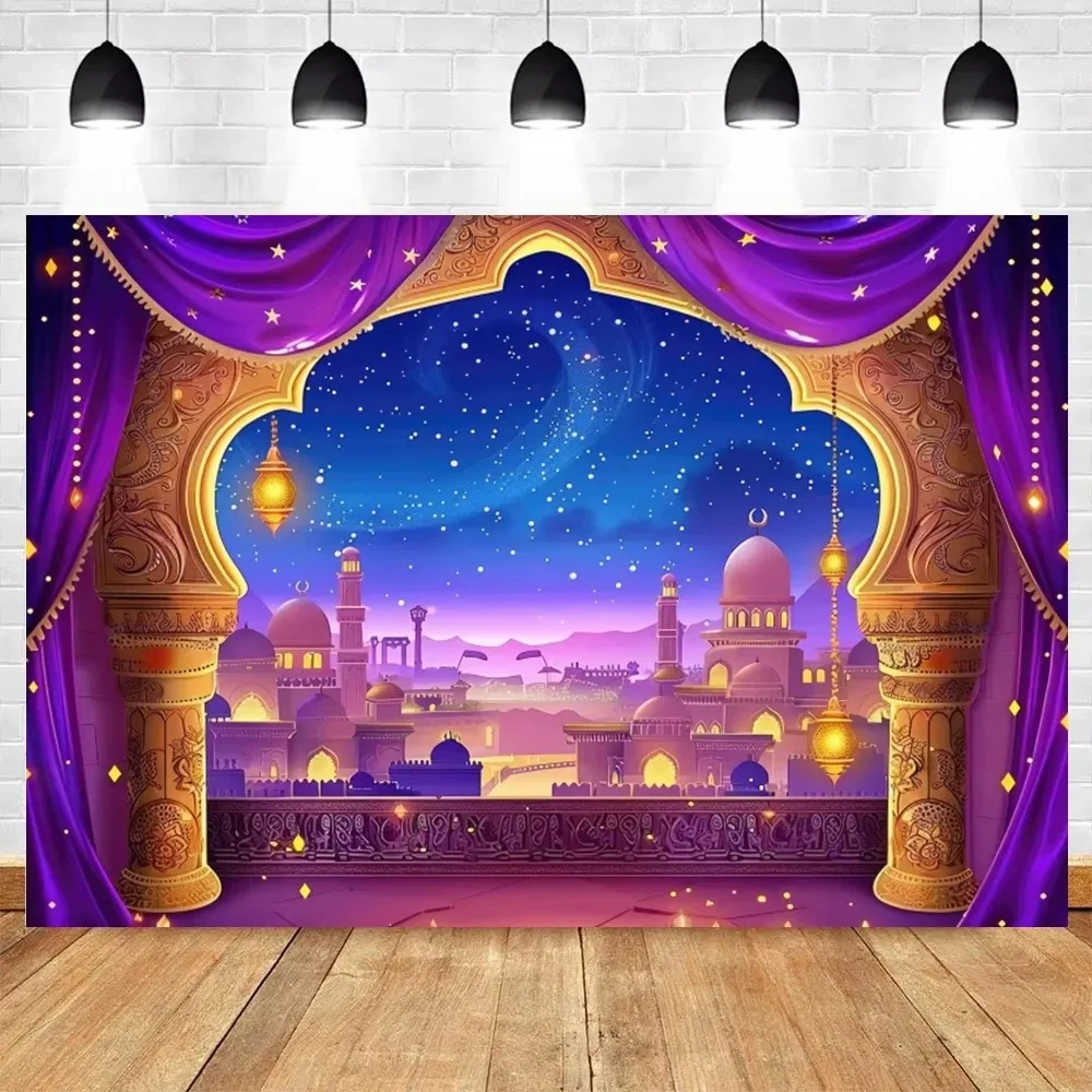 Arabian Palace Purple Night Gate Theme Banner Backdrop, Celebrating Eid Al Fitr Activities, Home Decoration Photography Backdrop