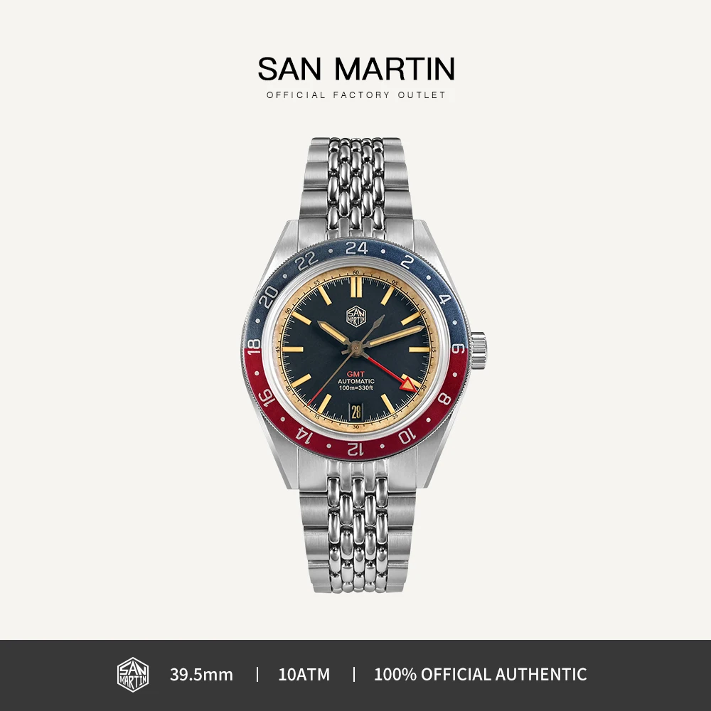 San Martin Watches Distressed Design 39.5mm Vintage Men GMT NH34 Automatic Movement Steel Rice Bracelet reloj hombre SN0116G-V6