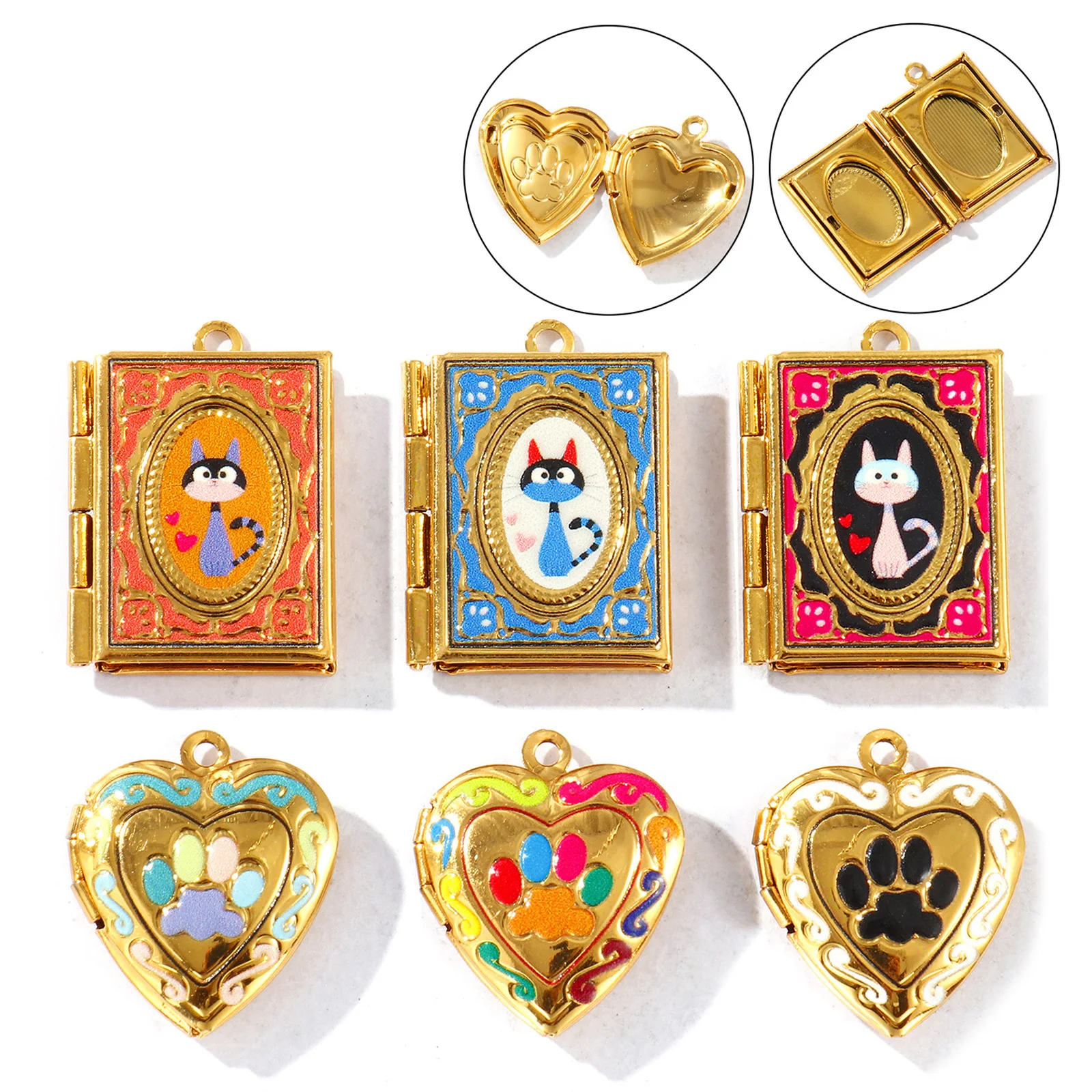 1 Piece 304 Stainless Steel Pet Memorial Can Open Picture Photo Locket Frame Pendants 18K Gold Plated Enamel Charms DIY Necklace