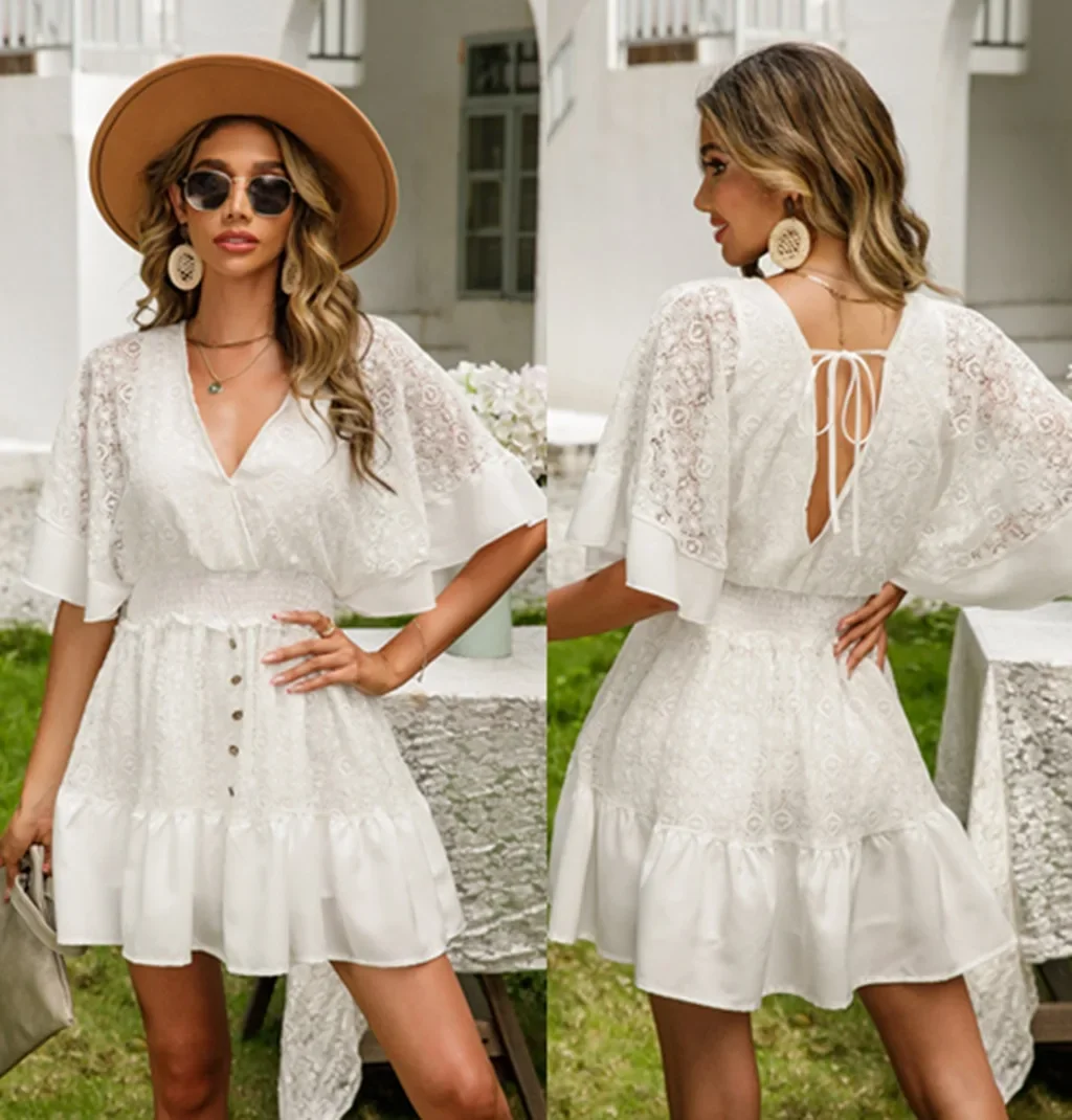 Summer Sexy Women\'s Mini White Dresses Lace Panel Bat Sleeve V Neck Vestidos Para Mujer