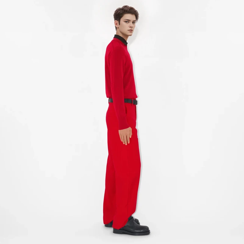 2024 Men's Red Wide-Leg Pants - Classic British Style Custom Fit Spring & Autumn Fashion