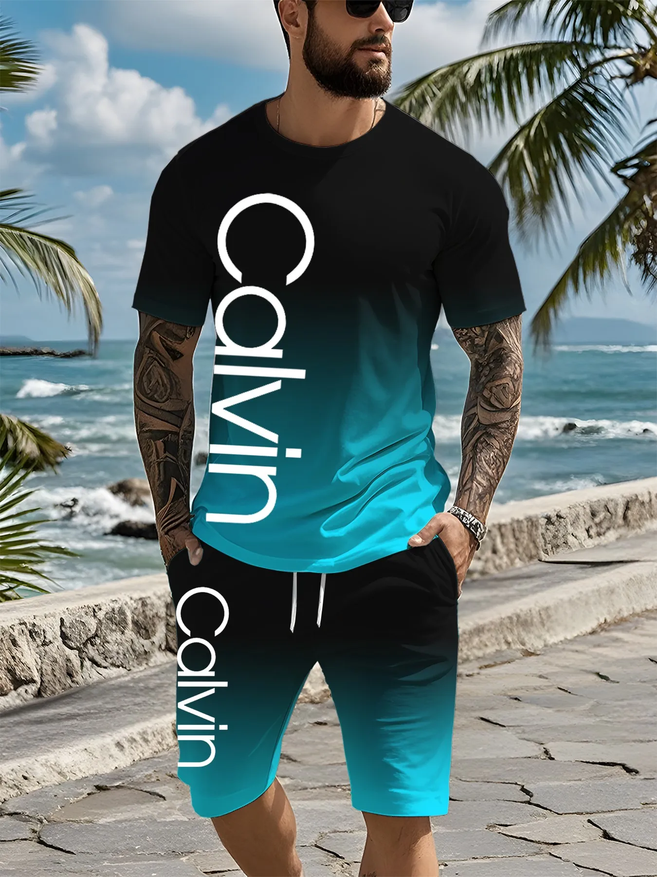 Conjunto de dos piezas para hombre de verano 2025, novedad de verano, pantalones cortos deportivos de moda para sudar, pantalones cortos de manga corta, conjunto estampado para hombre Me All transpirable S