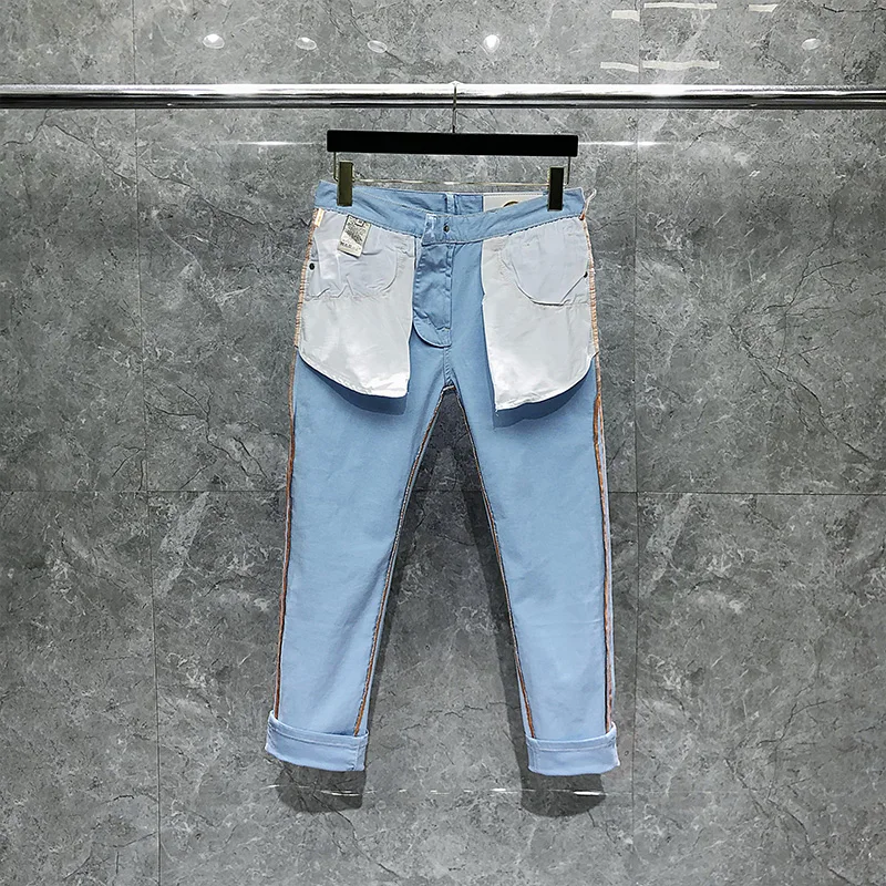 Fashion Designer Men\'s Jeans H Luxury Brand Sky Blue Streetwear Hip-Hop Male Pants Korean Mid-Waist Baggy Straight Casual Denims