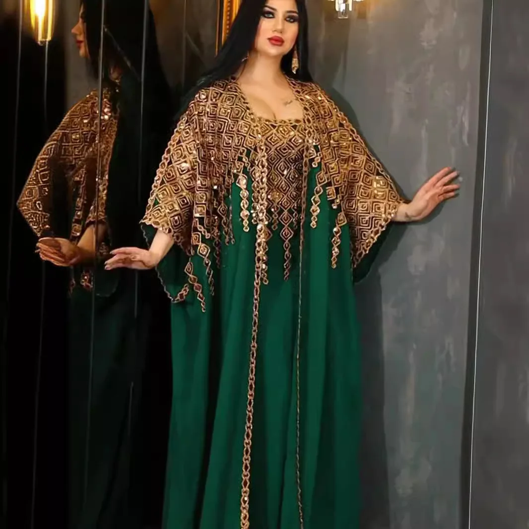 

Muslim Eid Al-Adha Fashion Two Piece Shiny Embroidery Women Abayas And Vest Long Dress Overgarments Arabic Clothing