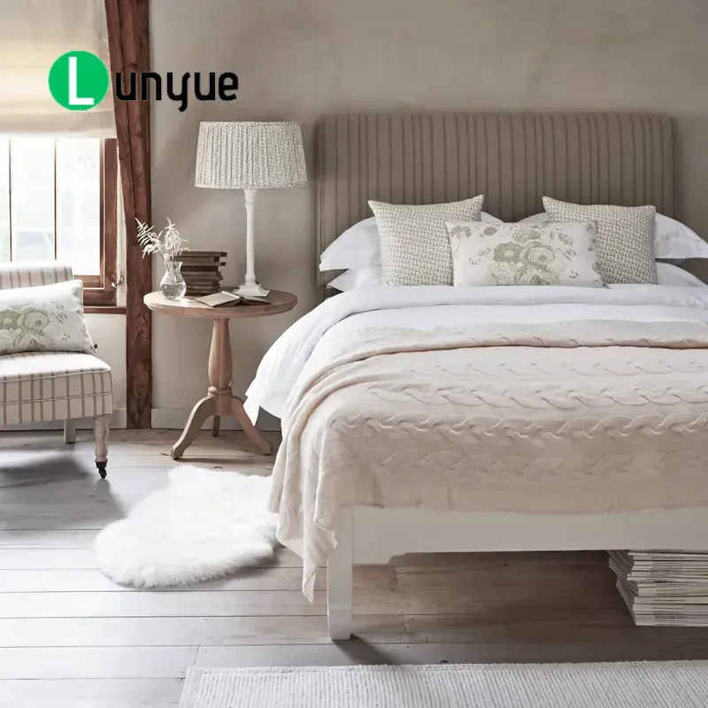 Farmhouse Style Double Bed Base with Curved Footboard and Engraved Details Modern Comfort Design with Under Bed Storage Space
