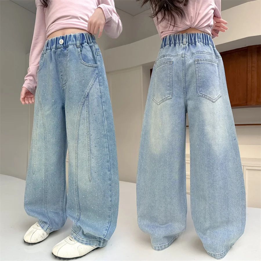 

New Spring Kids Stylish Bedazzled Jeans with Crystals For Girls Fashion Curved Denim Pants Children Casual Straight Trousers