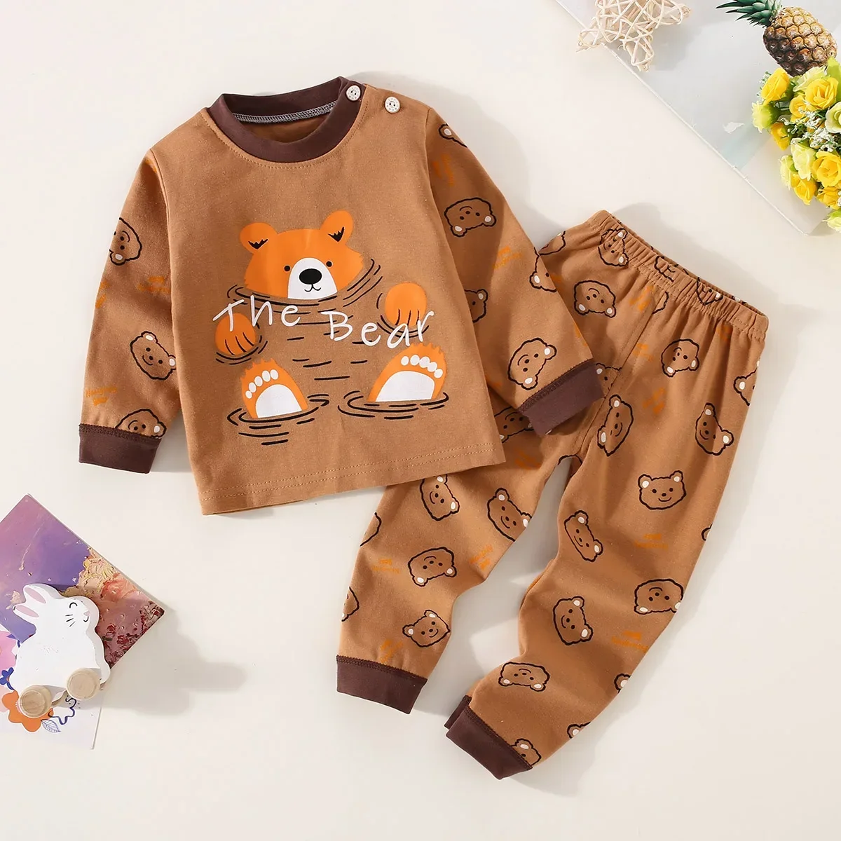 Baumwoll-Unterwäsche-Set für Kleinkinder Jungen mit Bären-Schriftmuster, Langarm-Oberteil und Hose, Schlafanzug-Set für Kinder – Detail 6