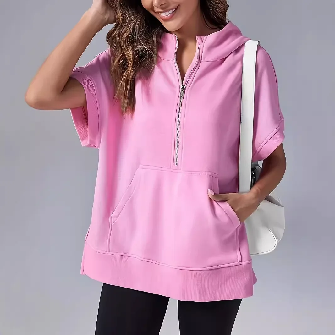 America and 2024 spring and autumn new women's Amazon independent station solid color casual short-sleeved hooded sweater