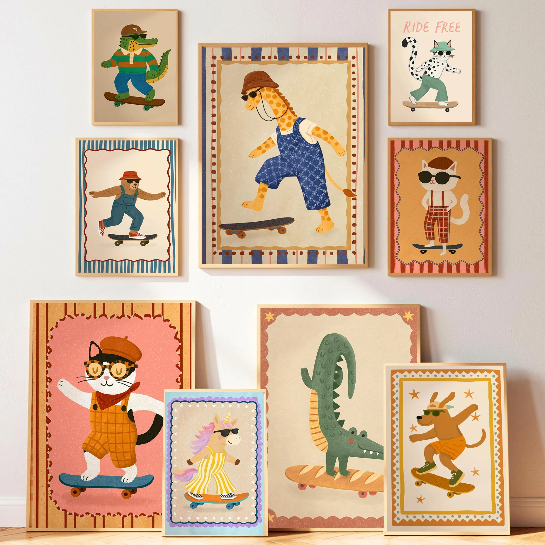 Funny Skateboard Nursery Cool Animal Poster Giraffe Unicorn Cartoon Prints Canvas Painting Wall Art Picture Home Kids Room Decor