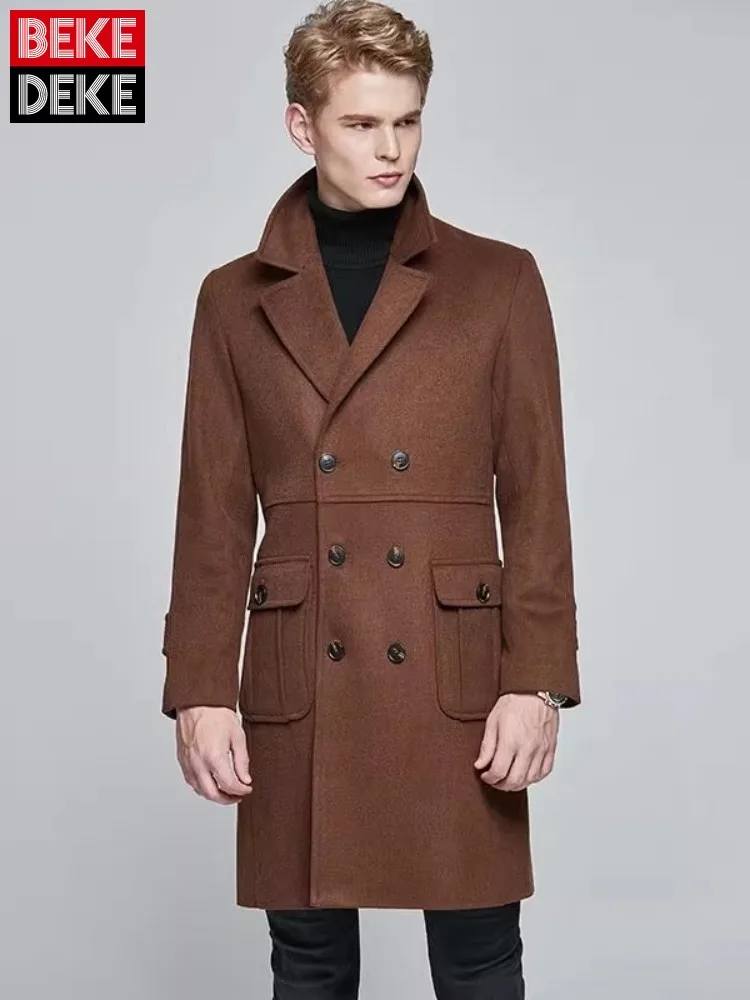 

Business Casual Office Men Double Breasted Woolen Coat Slim Fit Lapel Solid Color Medium Long Cashmere Overcoat Large Size 6XL