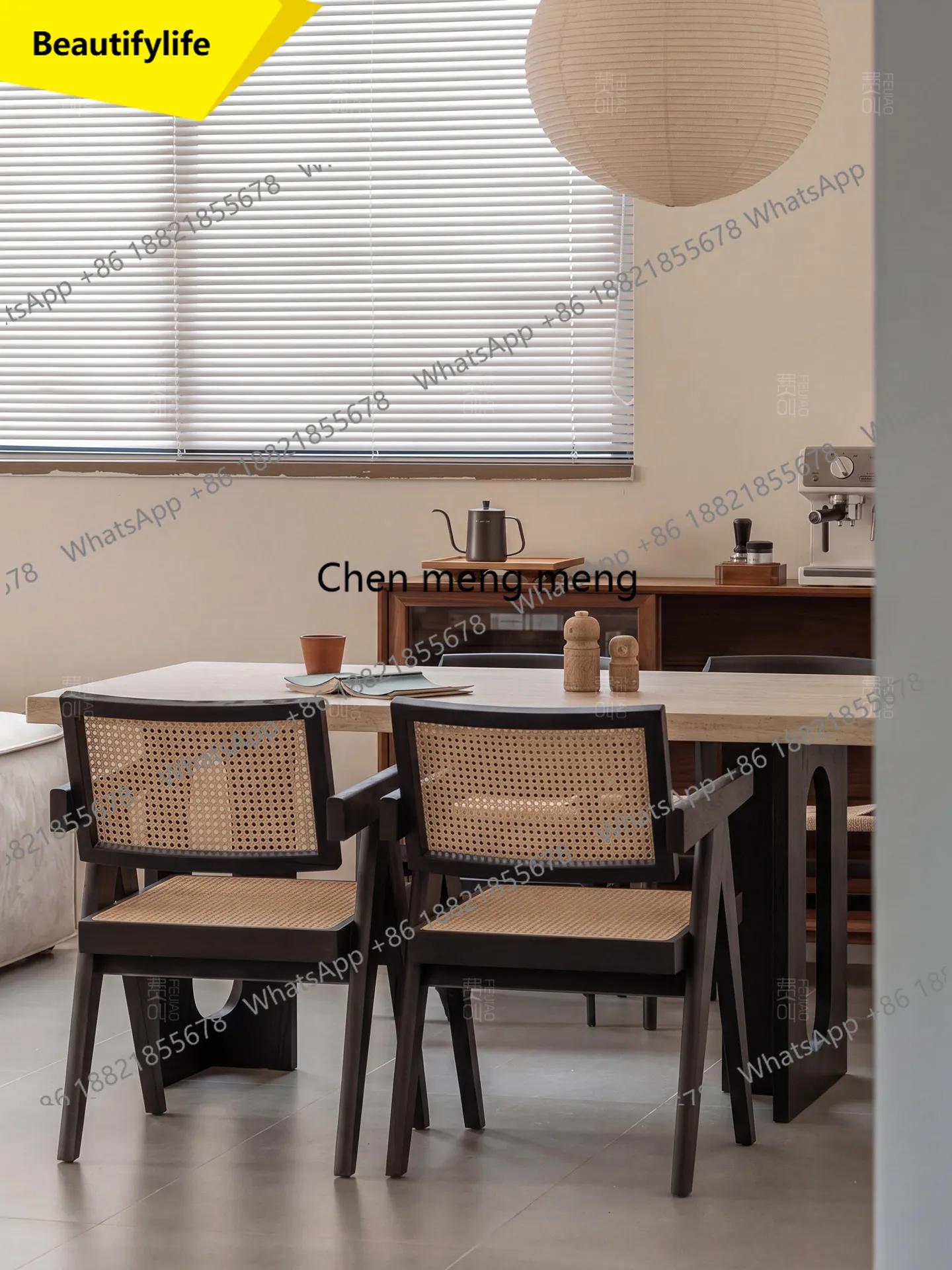 a55 French retro bottom hanging beige travertine rock slab dining table, antique style, household solid wood rock slab dining ta